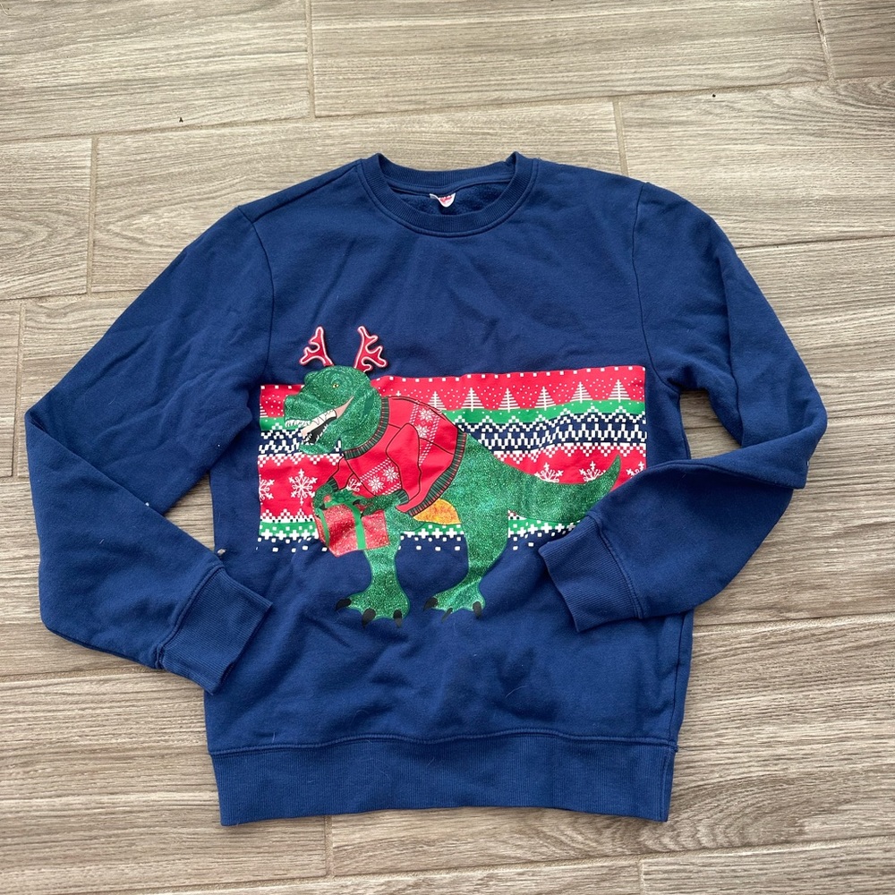 🔥3 for $5 T Rex Dinosaur Holiday Themed Sweater Navy Blue and Green